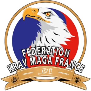 Logo de la Fédération Krav Maga et Disciplines Associées représenté par une tête d'aigle pygargue sur fond bleu blanc rouge, entouré par un cercle doré et une banderole dorée ASPTT en bas.