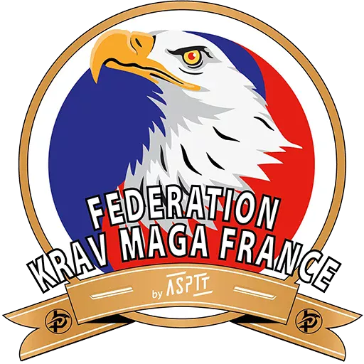 Logo de la Fédération Krav Maga et Disciplines Associées représenté par une tête d'aigle pygargue sur fond bleu blanc rouge, entouré par un cercle doré et une banderole dorée ASPTT en bas.